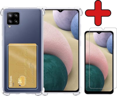 Hoesje - Geschikt voor Samsung Galaxy A12 - Met Screenprotector - Pashouder - Kaarthouder - Back Cover - Telefoon Hoes Shockproof - Siliconen Case - Shock Proof - Pasjes Houder - Telefoonhoes - Transparant