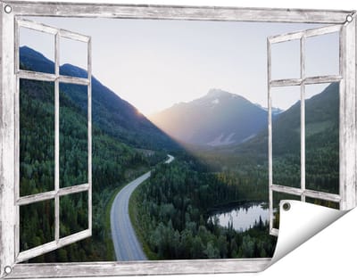 Gards Tuinposter Doorkijk Weg Door het Bergen Landschap - 90x60 cm - Tuindoek - Tuindecoratie - Wanddecoratie buiten - Tuinschilderij