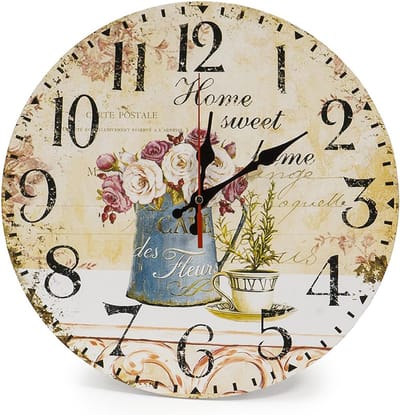 Vintage Wandklok 30 cm – Stille Klok Zonder Tikken – Landelijke Houten MDF Muurklok – Retro Klok met Bloemen – Batterij Aangedreven – Woonkamer, Keuken & Slaapkamer