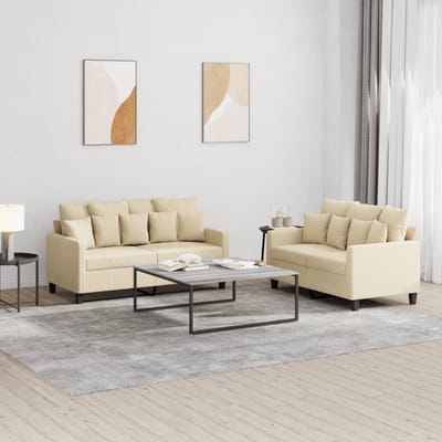 vidaXL - 2-delige - Loungeset - met - kussens - stof - crèmekleurig