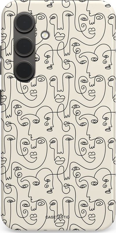 Casetastic hoesje geschikt voor Samsung Galaxy S24 - Dubbellaagse bescherming - Art Deco Creme Abstractie Lijntekening Gezichten - Fashion Case - Zilver Crème Wit