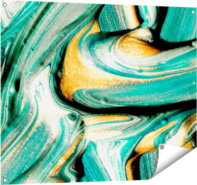 Gards Tuinposter Abstracte Kunst - Groen met Gouden Verf - 100x80 cm - Tuindoek - Tuindecoratie - Wanddecoratie buiten - Tuinschilderij