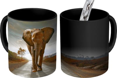 Magische Mok - Foto op Warmte Mokken - Koffiemok - Olifant - Weg - Dieren - Zonsondergang - Landschap - Magic Mok - Beker - 350 ML - Theemok