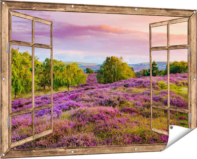 Gards Tuinposter Doorkijk Paarse Weide - 150x100 cm - Tuindoek - Tuindecoratie - Wanddecoratie buiten - Tuinschilderij