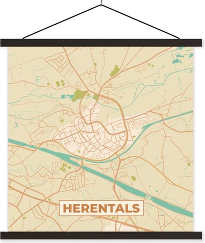 Posterhanger incl. Poster 60x60 cm - Schoolplaat - Vintage - Plattegrond - Herentals - Kaart - Stadskaart - Textielposter - Zwarte latten - Stadskaart