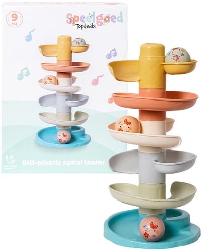 Speelgoedtopdeals - BIOplastic Spiraaltoren 5 delen - 3 muziekballen - Ballenbaan - Duurzaam speelgoed