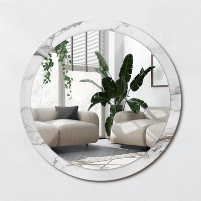 Wallfluent Bedrukte Ronde Spiegel - Ronde Spiegel Met Print Wit Marmer - 100 cm / 86 cm - Wit - Wit Ronde Wandspiegel Met Print - Woonkamerspiegel - Inloopkastspiegel - Hal - Ophangsysteem