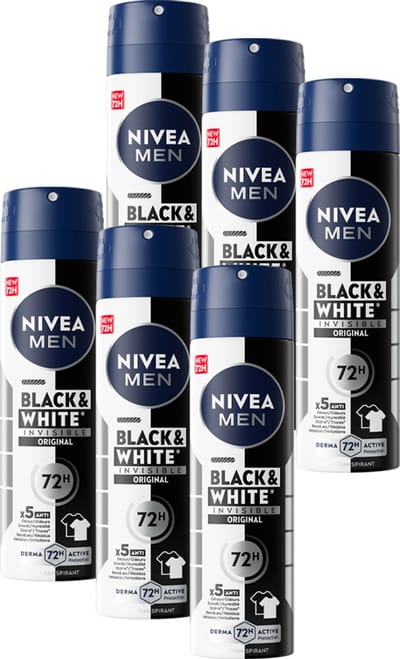 NIVEA MEN Black & White Original Anti-Transpirant Spray - Geen witte of gele vlekken - Quickdry - Alcoholvrij - Beschermt 72 uur - 6 x 150 ml