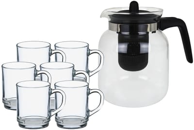 Thee drinken set - Glazen theepot met infuser - 1,5 liter - met 6x stuks theeglazen - van 260 ml