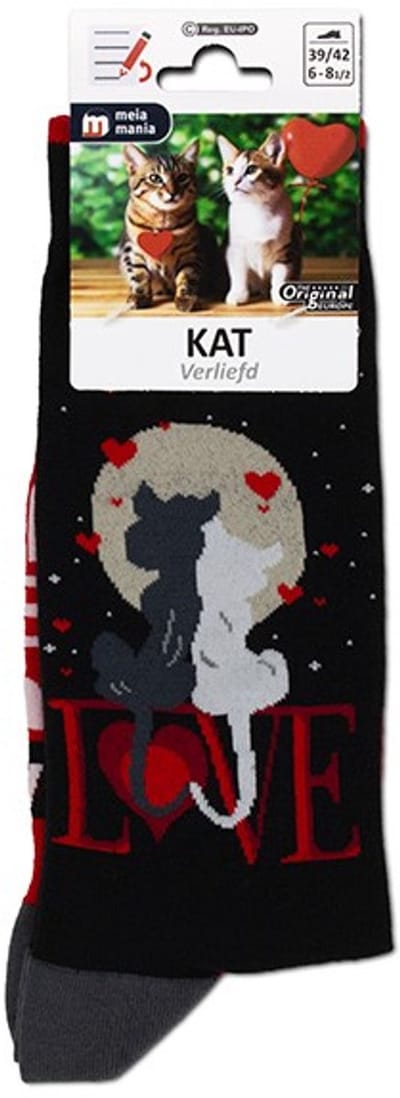 Meia Mania Sokken Katten 'Love' – Zwart & Rood – Maat 35/38