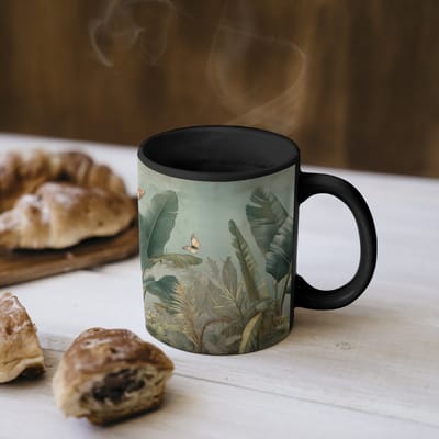Magische Mok - Foto op Warmte Mokken - Koffiemok - Tropisch bladerdek - Vlinders - groen - Bruin - Magic Mok - Beker - 350 ML - Theemok