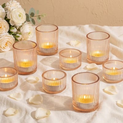 Dailygoods- Kaarsenhouders Set van 8 - Geribbelde Theelichthouders - Gouden Glas - Kleine Theelichthouders - Tafelcentrum - Woondecoratie