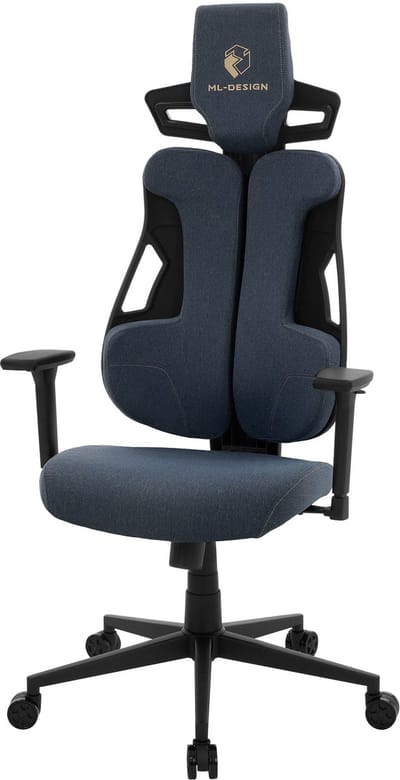 Gaming stoel met armleuning, hoofdsteun en lendensteun blauw, gemaakt van stof ML-Design