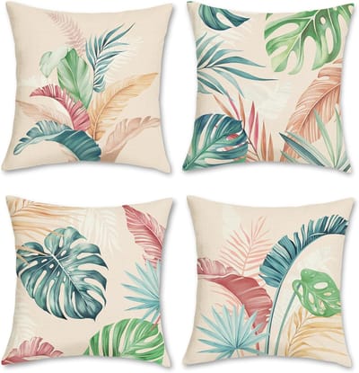 Set van 4 Kussenhoezen met Tropische Bladeren, 45x45cm, Kleurrijke Planten, Zachte Velours Decoratieve Kussens voor Sofa en Woonkamer Decoratie