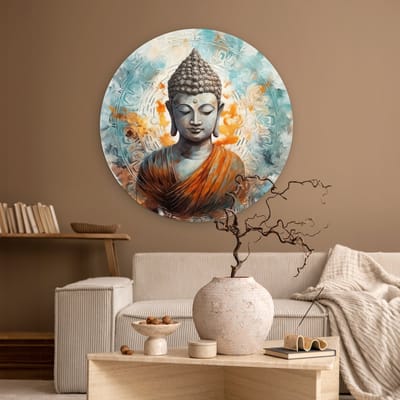 WallCircle - Wandcirkel 90x90 - Boeddha - Beeld - Wit - Munt - Ronde schilderijen woonkamer - Wandbord rond - Muurdecoratie cirkel - Kamer decoratie binnen - Wanddecoratie muurcirkel - Woonaccessoires