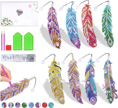Feather Bookmark Set van 8 Stuks met PU Diamant Stickers voor Creatieve Lezers en Boekenliefhebbers