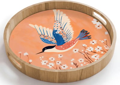 Dienblad rond 40x40 cm - Schootdienblad hout - Vogel - Bloesemtakken - Warm - Kleurrijk - Borrelplank rechthoek - Plateau houten dienbladen