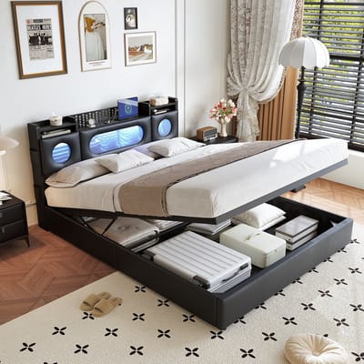 Gestoffeerd bed tweepersoonsbed 160×200 met opbergruimte hoofdeinde en hydraulische opbergruimte, jeugdbed met LED en USB laadstation, opbergruimte bed functioneel bed, bedframe met lattenbodem, PU zwart, zonder matras