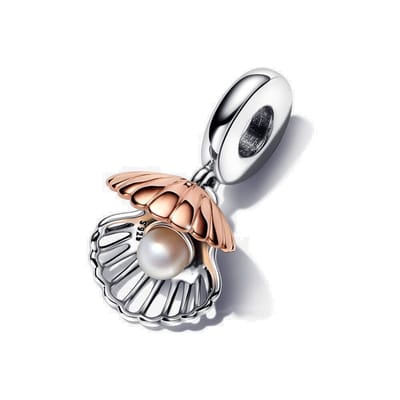 Fler® | Bedel | Past op populaire bedelarmbanden (standaard - 3mm) | Roségoudkleurige Schelp Bedel met Parel | Hangbedel Charm | 925 sterling zilver | Transparante zirkonia | Armband Kraal | Valentijnsdag Cadeau | Sinterklaas kado | Kerstcadeau