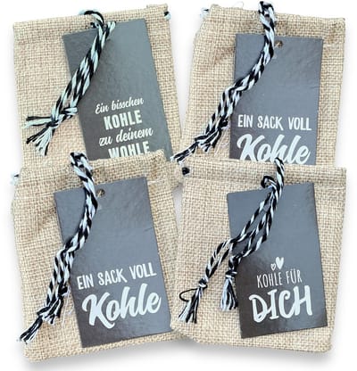 Dailygoody - Geldgeschenkzakjes - Jute - Cadeauhangers - 4-delige set - Spreuken voor iedere gelegenheid - Bruiloften en verjaardagen