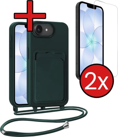 Hoesje Geschikt voor iPhone 17e Hoesje Siliconen Case Met Koord Met 2x Screenprotector - Hoes Geschikt voor iPhone 17e Hoesje Backcover Met Telefoonkoord - Donkergroen