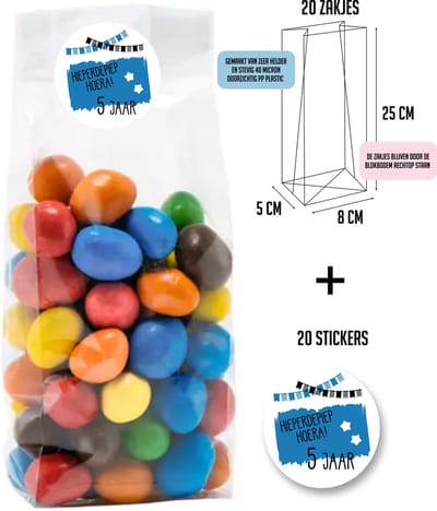 20 Uitdeelzakjes + 20 sluitstickers | Blauw | 5 Jaar | 20 Stickers & 20 zakjes | Cellofaanzakjes | Transparant | Snoepzakjes | Uitdelen | Afscheid | Inpakzakjes | Kinderfeestje | 4 cm glossy stickers | 8x5x25cm zakjes