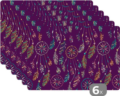 Placemat - Placemats kunststof - Dromenvanger - Veren - Patronen - Regenboog - Boho - 45x30 cm - 6 stuks - Hittebestendig - Anti-Slip - Onderlegger - Afneembaar