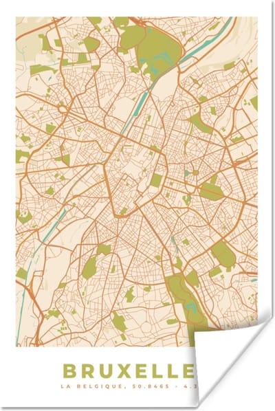Poster Kaart - Plattegrond - Vintage - Brussel - Stadskaart - 120x180 cm XXL