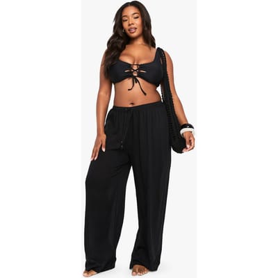 boohoo Dames Plus-size kreukelig getextureerde, met kralen versierde wijde strandbroek | Zwart | Maat: 20/22