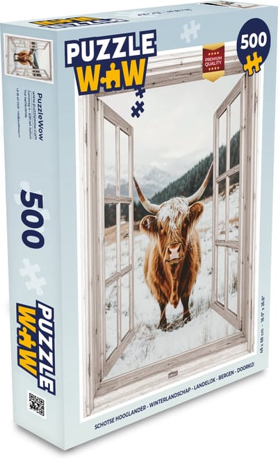 Puzzel Schotse Hooglander - Winterlandschap - Landelijk - Bergen - Doorkijk - Legpuzzel - Puzzel 500 stukjes