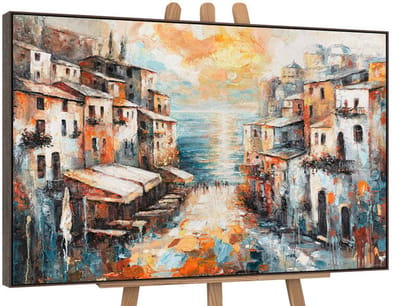 Canvas schilderij handgeschilderd city by the sea abstract – YS-Art Gallery – Luxe wanddecoratie voor woonkamer – Modern schilderij voor slaapkamer en hal