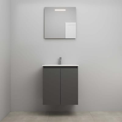 On-Line Badkamermeubelset - 60 cm - Bouwpakket - Greeploos 2 Deuren - Porseleinen Wastafel - 1 Kraangat - Spiegel met LED-Verlichting - Mat Antraciet