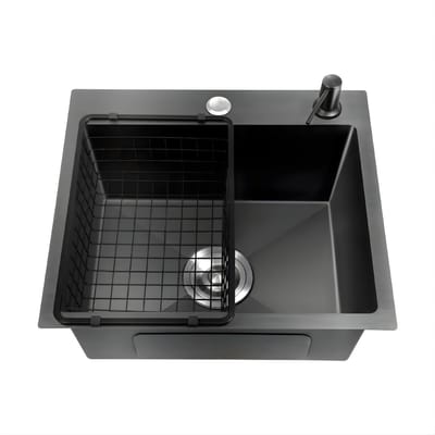 45 x 40 cm RVS Keukenspoelbak Set – Dubbele Spoelbak met Zeef, Afvoer, Lekmand en Zeepdispenser – Inbouw Gootsteen – Zwart