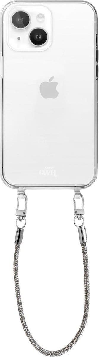 xoxo Wildhearts silicone case met koord - Transparant telefoonhoesje met koord - telefoonketting - Silver Diamonds - Cord Case - geschikt voor Apple iPhone 15 Plus hoesje - Diamanten ketting - diamant - steentjes - zilver