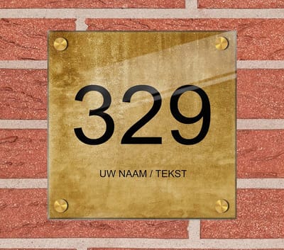 Naambordje voordeur plexiglas 20x20x0,5 cm met goud kleur afstanhouder model 1105 - Huisnummerbordje, naambordjes, naambordje huis, naamplaatjes, huisnummer bordje, originele naambordjes voordeur, huisnummerbord met naam, originele huisnummer bord