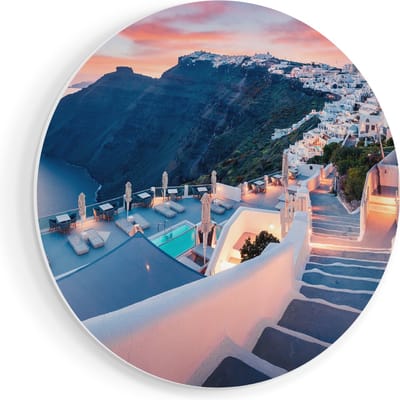 Artaza Forex Muurcirkel Luxe Huisjes aan de Kust in Fira, Griekenland - 40x40 cm - Klein - Wandcirkel - Rond Schilderij - Wanddecoratie Cirkel
