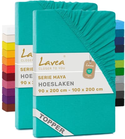 Lavea® Set van 2 Hoeslakens voor Topper 90x200cm - 100x200cm – 100% Katoen Jersey – voor Topper tot 10 cm – met Elastiek rondom – Turquoise