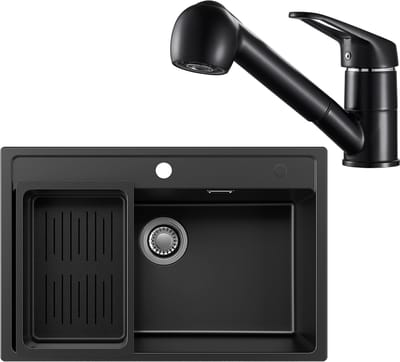 Anycee Max Granieten Spoelbak 70x46CM - Spoelbak Keuken Met Keukenkraan - Enkele spoelbakken Met Afdruiprek en Sifon - Afvoer en Overloopset