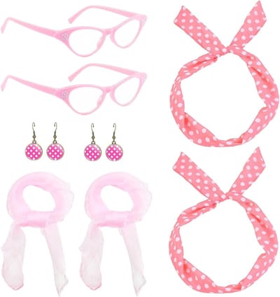 50s Kostuumaccessoires Set voor Vrouwen - Roze Jurk met Cat Eye Bril, Polka Dot Bandana en Oorbellen - Retro 50s Outfit voor Feestjes en Thema-avonden