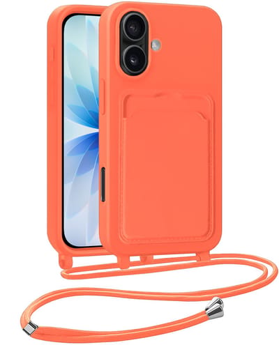 Hoesje Geschikt voor iPhone 17 Hoesje Met Telefoonkoord en Pasjeshouder Siliconen - Hoes Geschikt voor iPhone 17 Hoesje Met Kaarthouder Case - Papaya