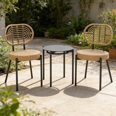 KOMFOTTEU Tuinmeubelset voor buiten, 3-delig, tuintafel en stoel, stoelen van PE-rotan, tafel van gehard glas, metalen frame, voor terras, balkon, terras