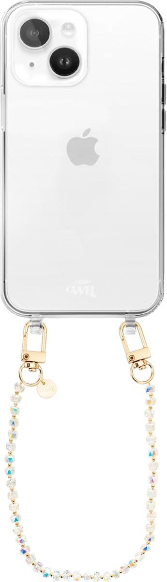 xoxo Wildhearts siliconen hoesje geschikt voor iPhone 15 Plus hoesje - Crystal (Transparant) - Telefoonhoesje - Hoesje met koord - Kristal ketting - Kristallen met gouden details - kort telefoonkoord - Transparant hoesje