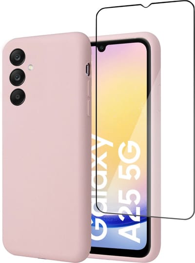 Geschikt voor Samsung Galaxy A25 - Hoesje + Screenprotector – Full Cover Gehard Glas – Suède Back Cover Case Rose