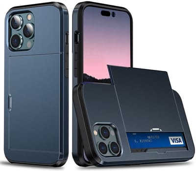 Hoesje met Kaarthouder Slider Geschikt voor Apple iPhone 15 Pro | Back Cover Pasjeshouder Achterkant | Kaarthouder voor Twee Pasjes | Blauw