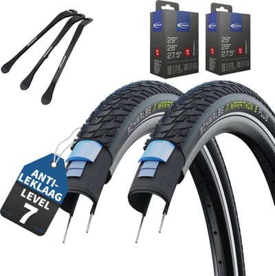 2 x Schwalbe fietsbanden Marathon E-Plus Zwart Reflex 28 x 2,00 inch buitenband (50-622)“ + SV Frans / Presta ventiel -binnenbanden + 3x MSZweirad bandenlichters