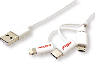 ROLINE USB 2.0 8pin sync & oplaadkabel, USB-A - USB-C / 8-pins / USB MicroB, wit, 1 m