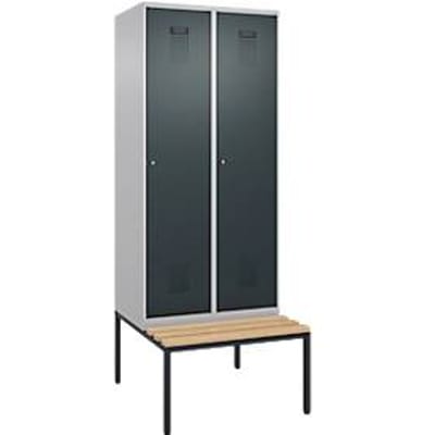 C+P Evolo Plus garderobekast, 2 vakken, 400 mm vakbreedte, met bankje eronder, B 800 x D 815 x H 2120 mm, cilinder, blank aluminium/antracietgrijs