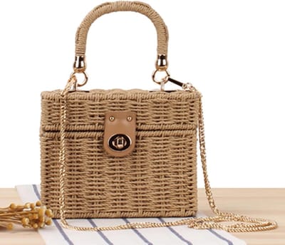 Rieten Tas - Dames Handtas - Strand en Feest - Handgeweven Natuurlijk - 19x8x15 cm - Bruin