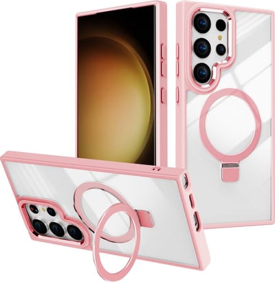 Hoesje Geschikt voor Samsung Galaxy S23 Ultra hoesje Licht Roze - kickstand Draaibare Ring Houder - Geschikt voor Draadloos Opladen met Magnetische Ring