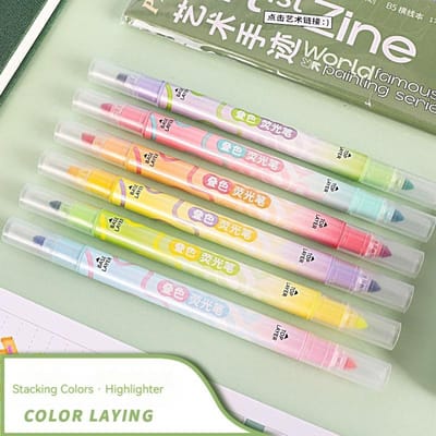 6 pièces/set Set de Stylos Marqueurs Fluorescents Double-face pour Surlignage et Dessin Utilisation Bureau École Di Usage Pratique beige